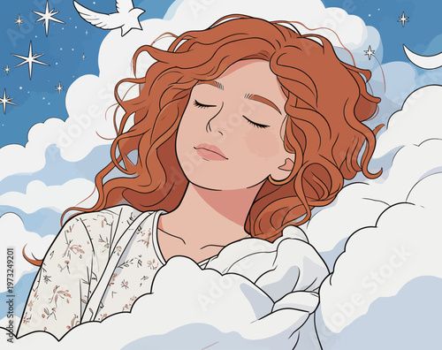 Serene Red - Haired Woman Sleeping Among Clouds