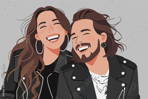 Two Stylish People Laughing in Leather Jackets