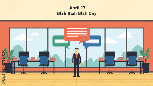 Blah Blah Blah Day April 17 Office Communication Illustration, Businessman with Speech Bubbles in Workplace, Conversation and Messaging Concept Flat Vector Design