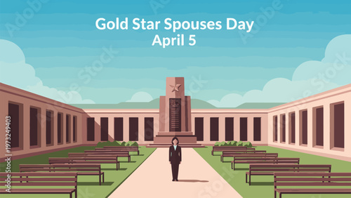 Gold Star Spouses Day April 5 Memorial Illustration, Widow Standing at Monument Plaza with Benches, Honoring Sacrifice and Remembrance Concept Flat Vector Design