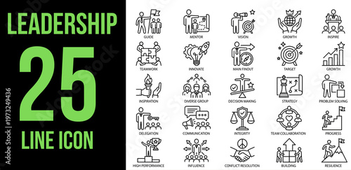 Collection of 25 leadership line icons simple flat vector design elements for business management teamwork and corporate strategy