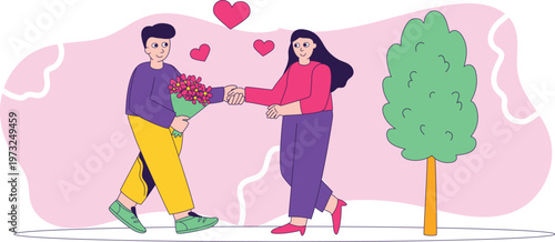 Couple exchanging gifts under a tree surrounded by floating hearts