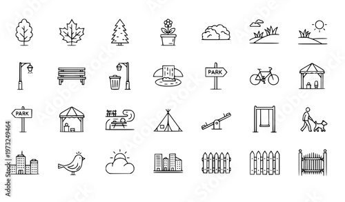 Modern Park Landscape Line Icons Set Editable Vector Stroke City Garden Outdoor Pack