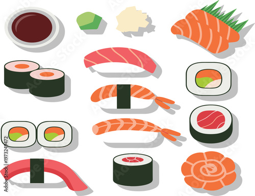 Young woman eating sushi, taking photos with camera, lifestyle character set, Japanese food vector illustration