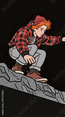 Red-haired boy climbing on rocky surface