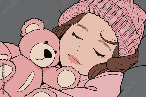 Sleeping Girl with Pink Stuffed Teddy Bear