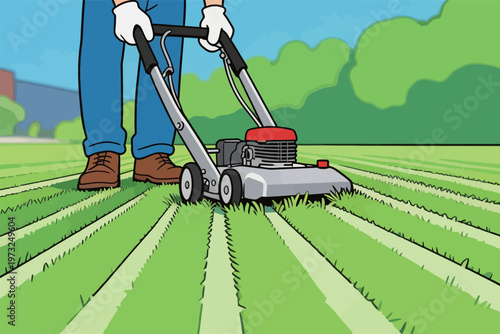 Person Mowing Green Lawn with Lawnmower