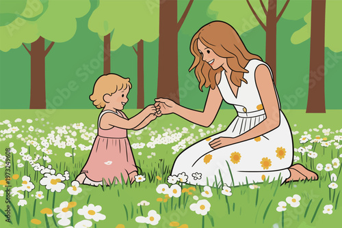 Mother and Daughter Holding Hands in Flower Field