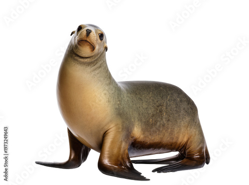 Isolated furry brown sea lion standing on its flippers, looking upwards with curious gaze