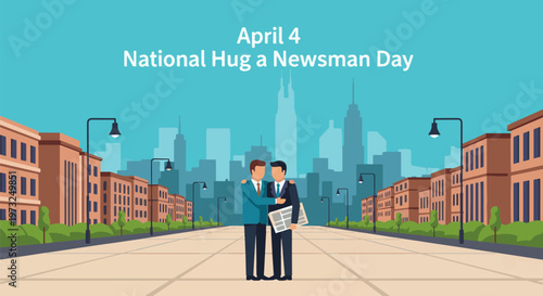 National Hug a Newsman Day April 4 Urban Illustration, Man Hugging Journalist Holding Newspaper in City Street, Media Appreciation and Human Connection Concept Flat Vector Design