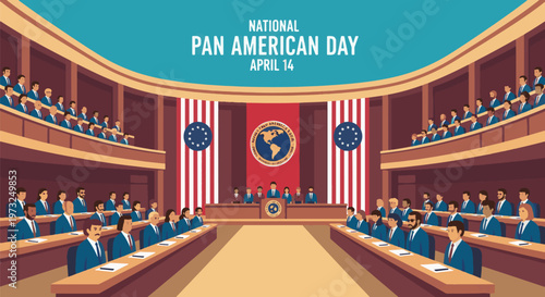Pan American Day April 14 Government Assembly Illustration, International Delegates Meeting in Congress Hall, Unity Cooperation and American Nations Concept Flat Vector Design