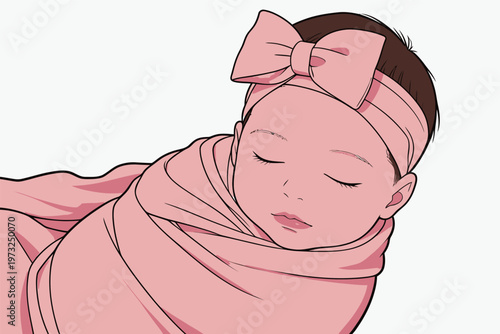 Illustration of a Sleeping Newborn Baby Girl
