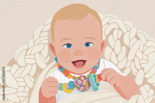 Cute Baby Holding Colorful Beaded Teething Toy