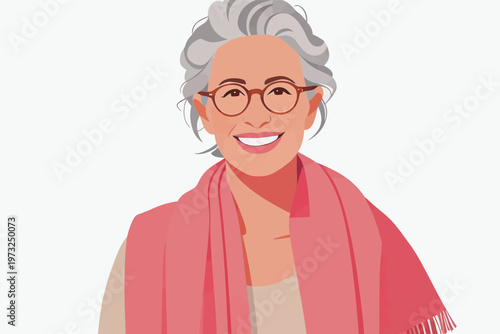 Elderly Woman with Gray Hair Wearing Glasses and Scarf