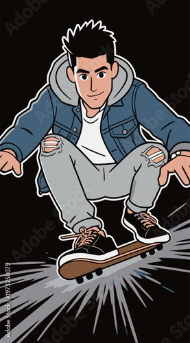 Cartoon Teenage Boy Skateboarding Illustration