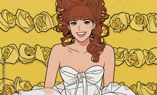 Illustration of a woman in a white dress with roses background