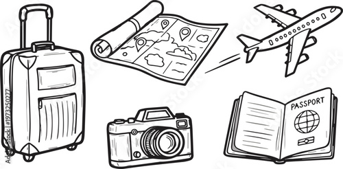 Travel and vacation set with luggage, map, airplane, camera and passport, tourism isolated vector illustration design