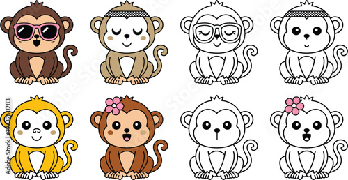 Cute monkey character illustrations set with various expressions and accessories, funny animal cartoon isolated vector