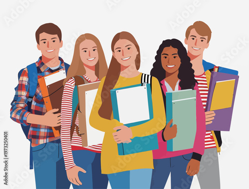 Group of smiling young students with books