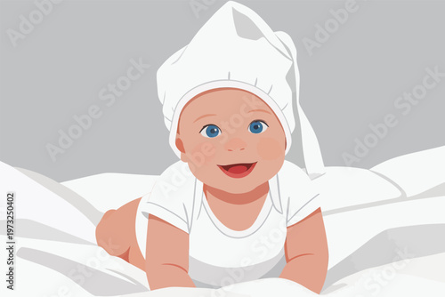Cute Baby in White Onesie and Bonnet Lying on Bed