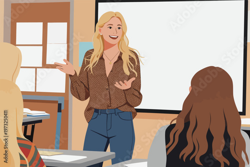 Woman Teacher Lecturing in Classroom Setting