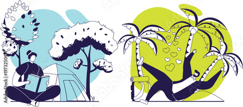 Contrasting scenes of relaxation and adventure in nature's embrace