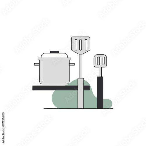 Cooking pot with kitchen utensils.