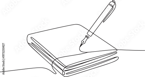 Minimalist continuous line drawing depicting a fountain pen on an open book, symbolizing the creative process, education, and the journey of knowledge