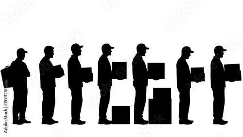 Silhouettes of workers carrying boxes, laborers with luggage, moving crew, delivery team, black icons