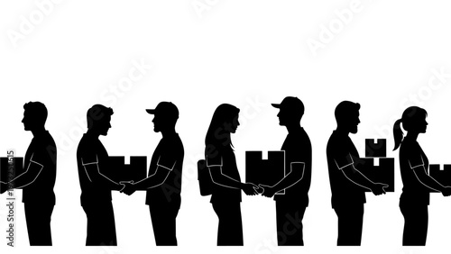 Black silhouettes, people carrying boxes, delivery team, logistics icons, teamwork vector