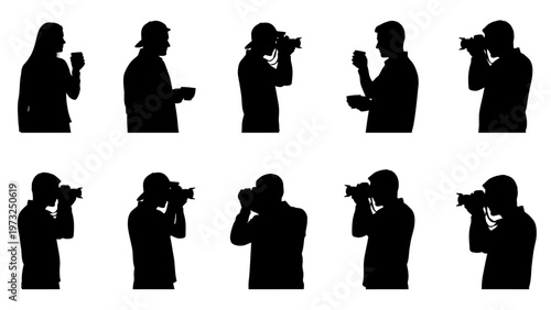 Photographer silhouettes, black, people taking pictures, camera icons, photography symbols, vector graphics
