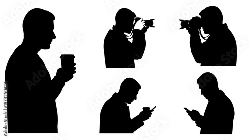 Black silhouettes, people using smartphones, drinking coffee, vector icons, 5 different poses