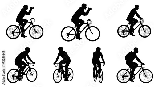 Bicycle silhouettes, cycling icons, bike riders, vector graphics, black illustrations, fitness symbols, sports graphics