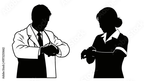 Medical professionals, doctor and nurse, black silhouettes, healthcare workers, vector icons