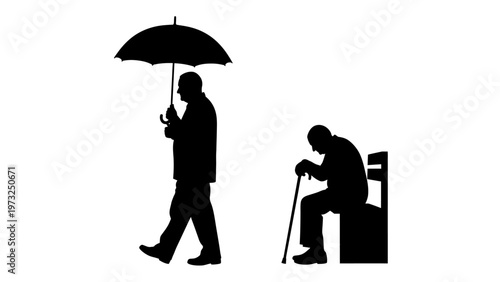 Elderly people, senior citizens, man with umbrella, old man with cane, black silhouettes, vector icons