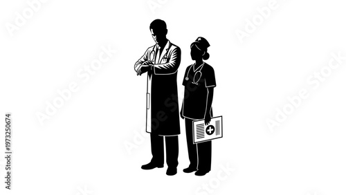 Medical professionals, doctor and nurse, healthcare workers, black silhouette icons