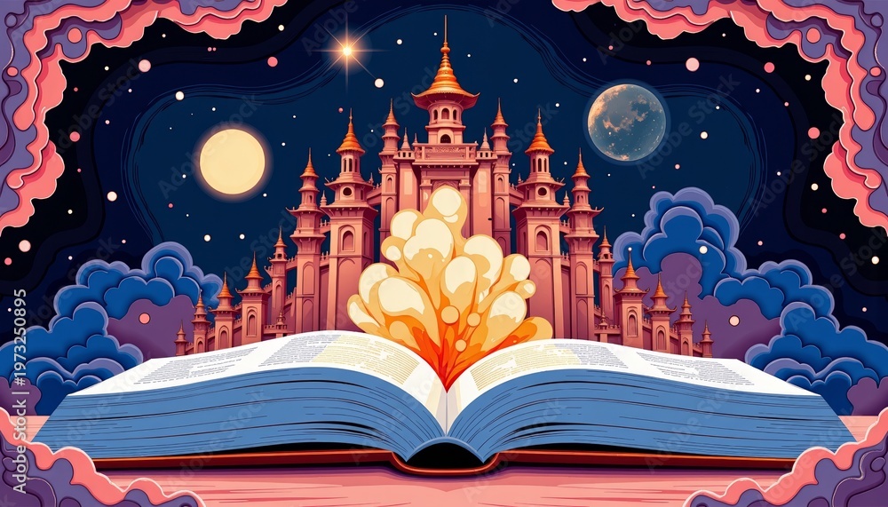 Naklejka premium An Enchanted Castle Emerges from the Pages of a Mystical Book Under a Starry Night Sky with Two Glowing Moons