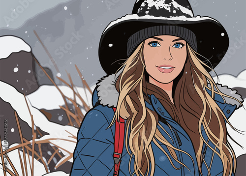 Stylish Woman in Snowy Outdoor Winter Scene