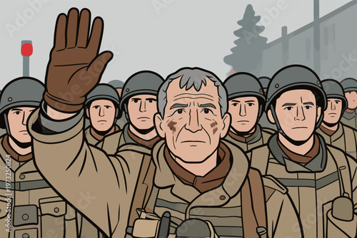 Soldier Leading Military Unit with Raised Hand