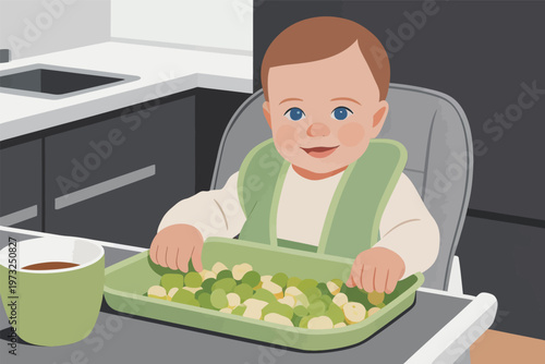 Baby in High Chair Eating Vegetables in Kitchen