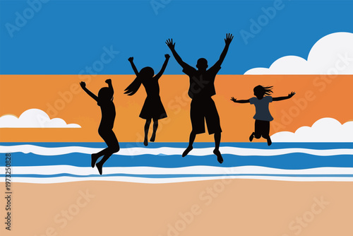 Family Silhouettes Jumping on Beach