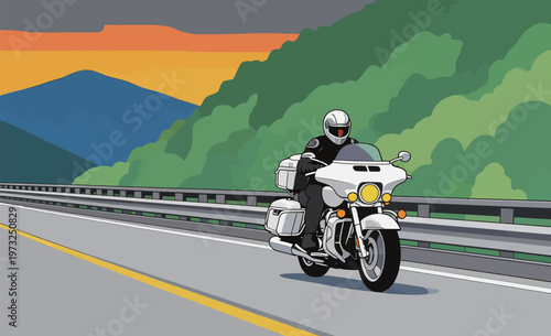 Motorcycle Rider on Highway with Mountain Landscape