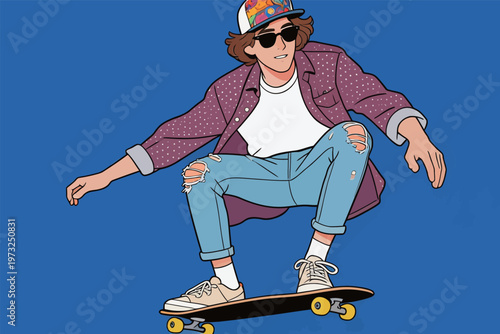 Retro Skateboarder in Fashionable Outfit