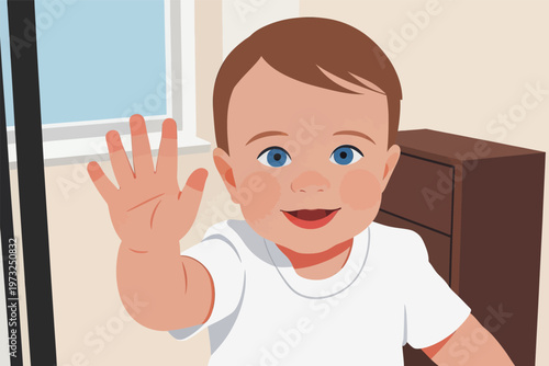Cute Baby Boy Waving Hello in Room