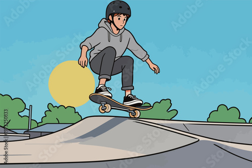 Teenage Skater Performing Trick at Skate Park