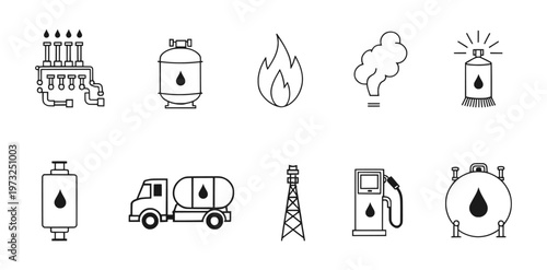 Oil and Gas Industry Icon Set Petroleum Production Refinery and Energy Equipment Vector Collection