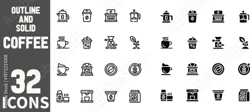 Essential 32 Coffee Outline and Glyph Icons Pack Featuring Coffee Cups