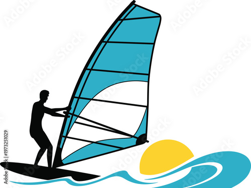 Windsurfer silhouette on a surfboard with a blue sail against a yellow sun and blue waves windsurfing