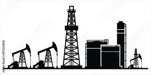 Oil industry silhouette with pump jacks and refinery structures on white background oil rig