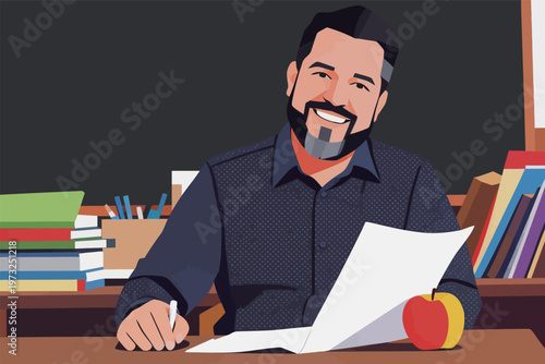 Smiling Male Teacher with Papers and Apple